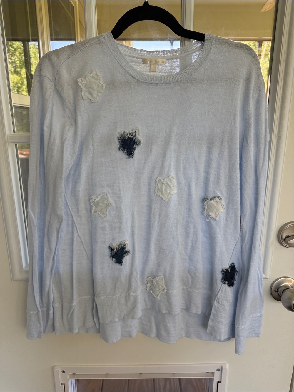 Lisa Todd Light Blue Crewneck Sweater with White and Navy Patch Details